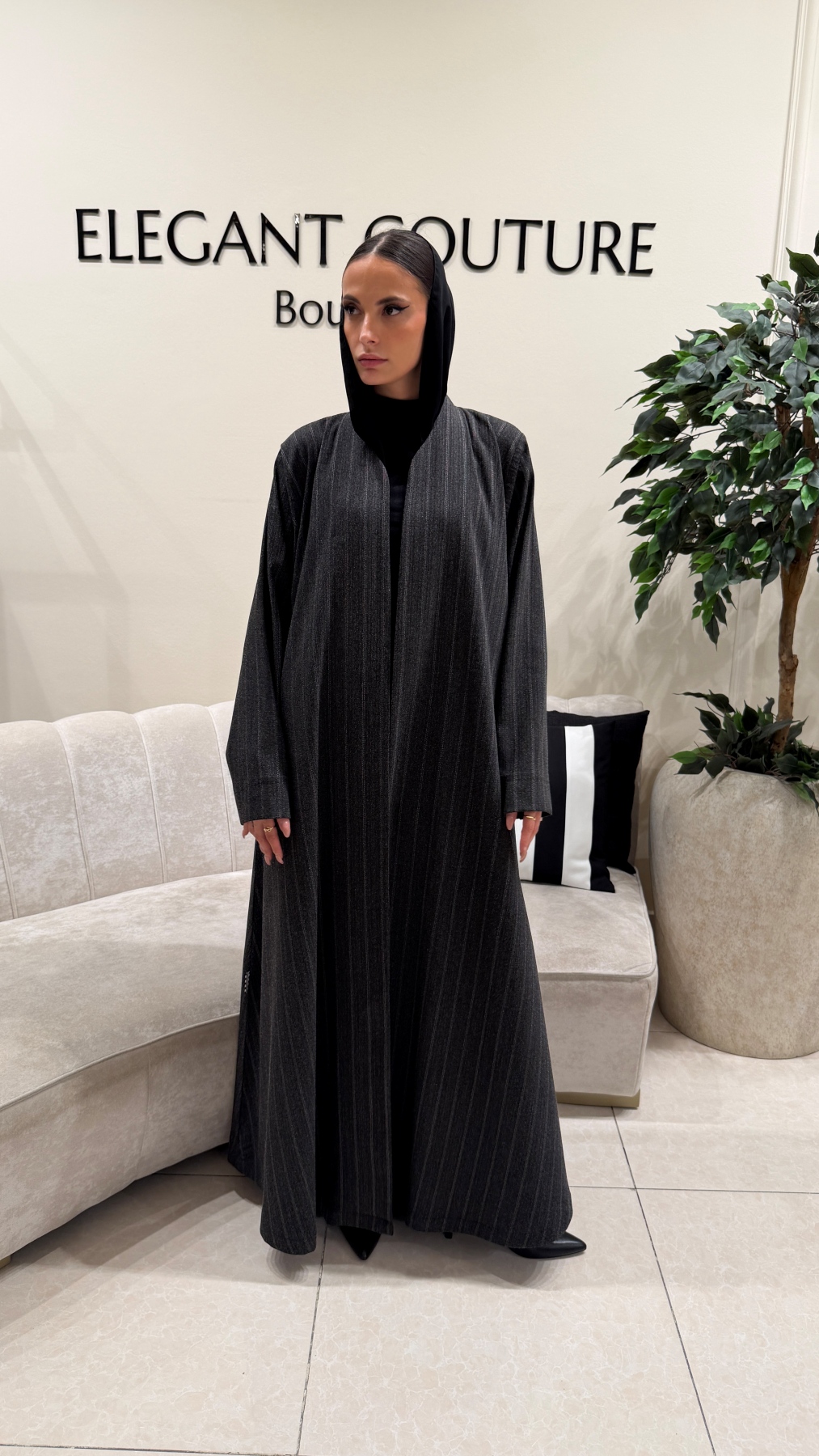 GREY WITH WHITE LINE STRIPE ABAYA