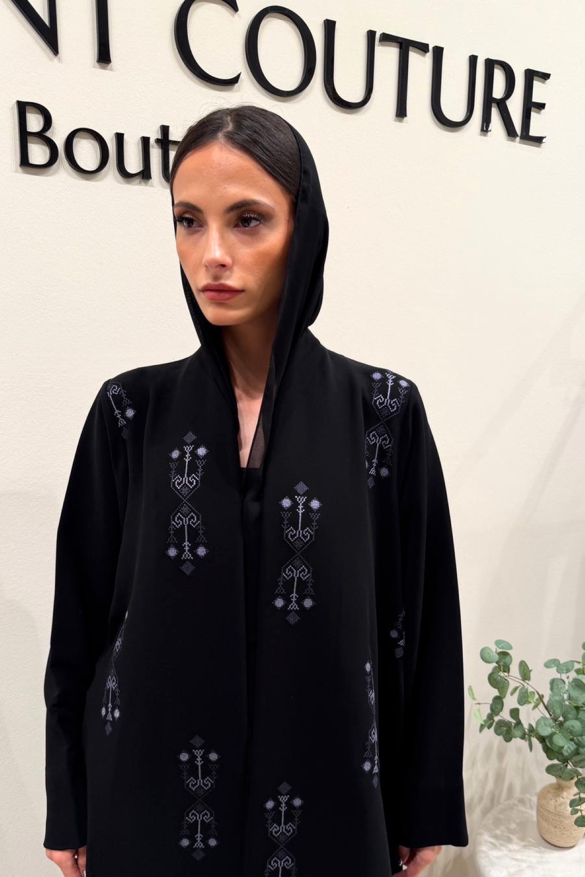 BLACK WITH GREY EMBROID ABAYA