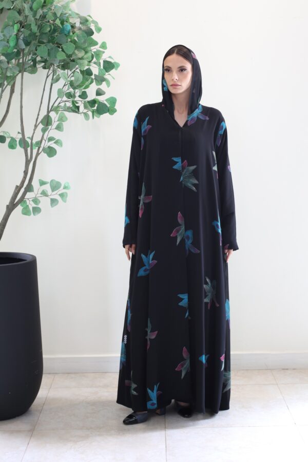 BLACK WITH BLUE PRINTED FLOWER ABAYA