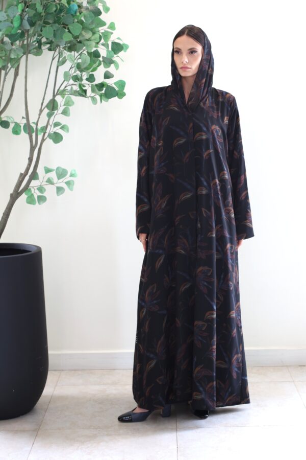 BLACK WITH RED ORANGE PTINTED LEAVES ABAYA