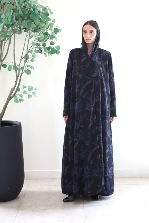 BLACK WITH BLUE PRINTED LEAVES ABAYA