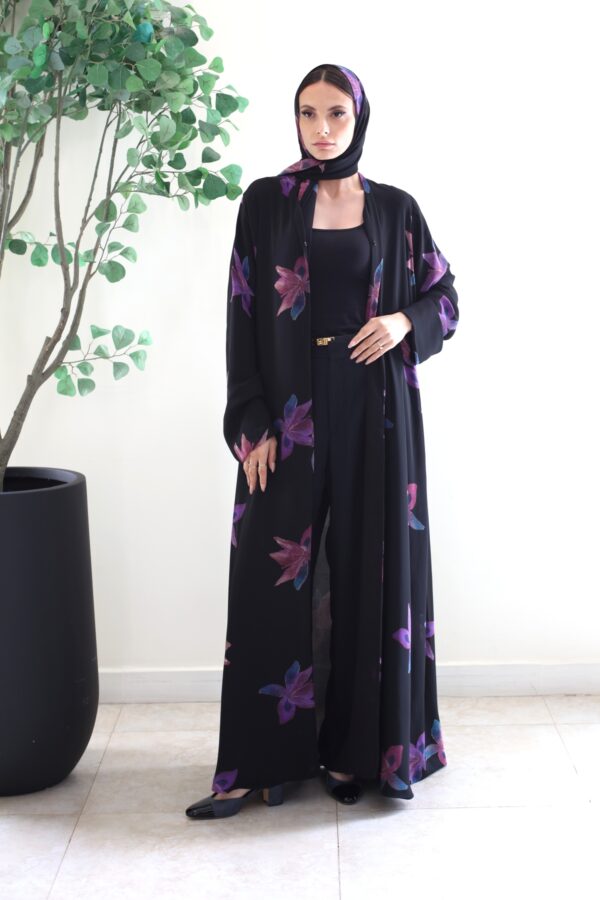 BLACK WITH PURPLE PRINTED FLOWER ABAYA
