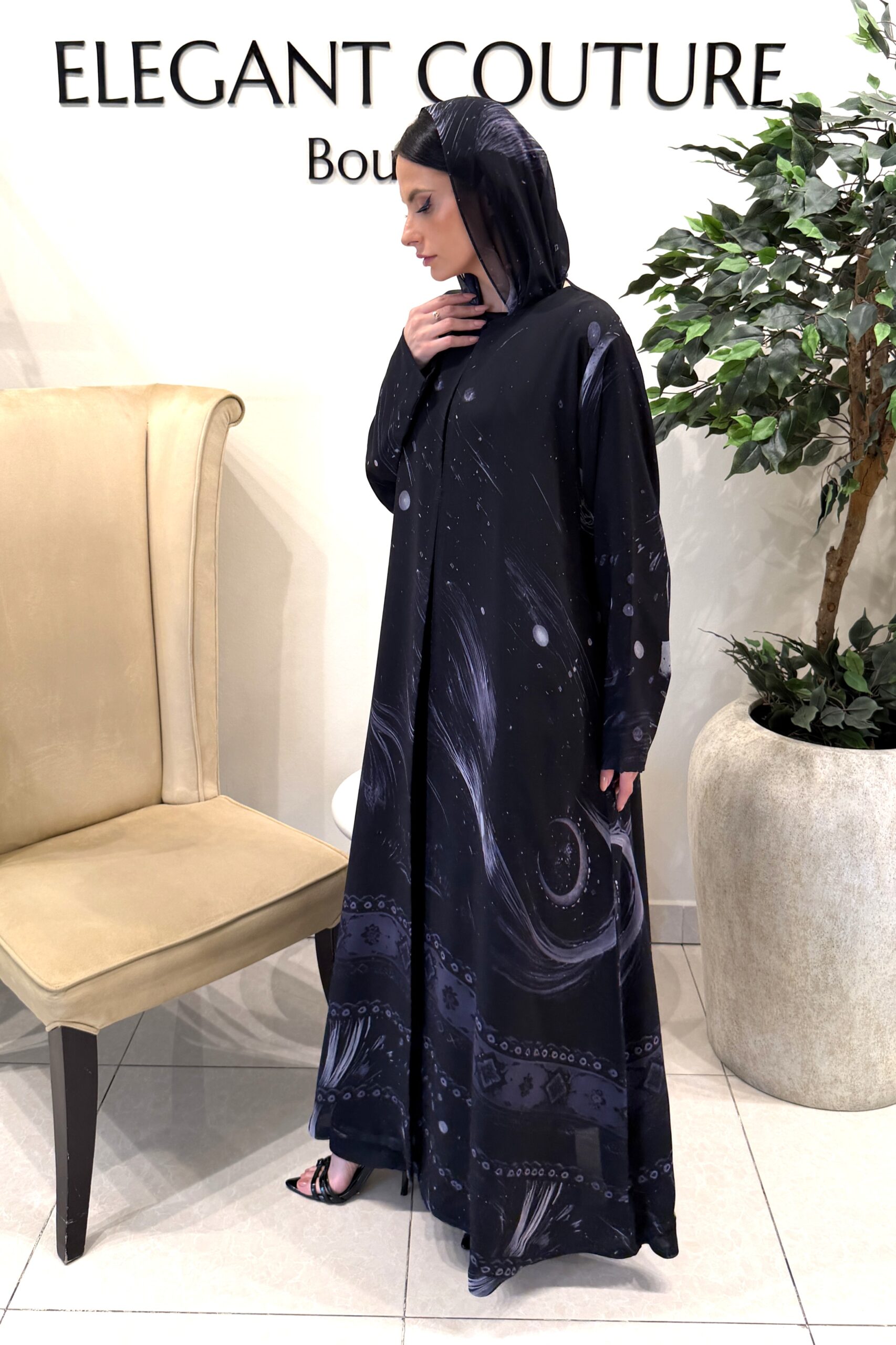 BLACK WITH MOON SPACE PRINT CHIFFON