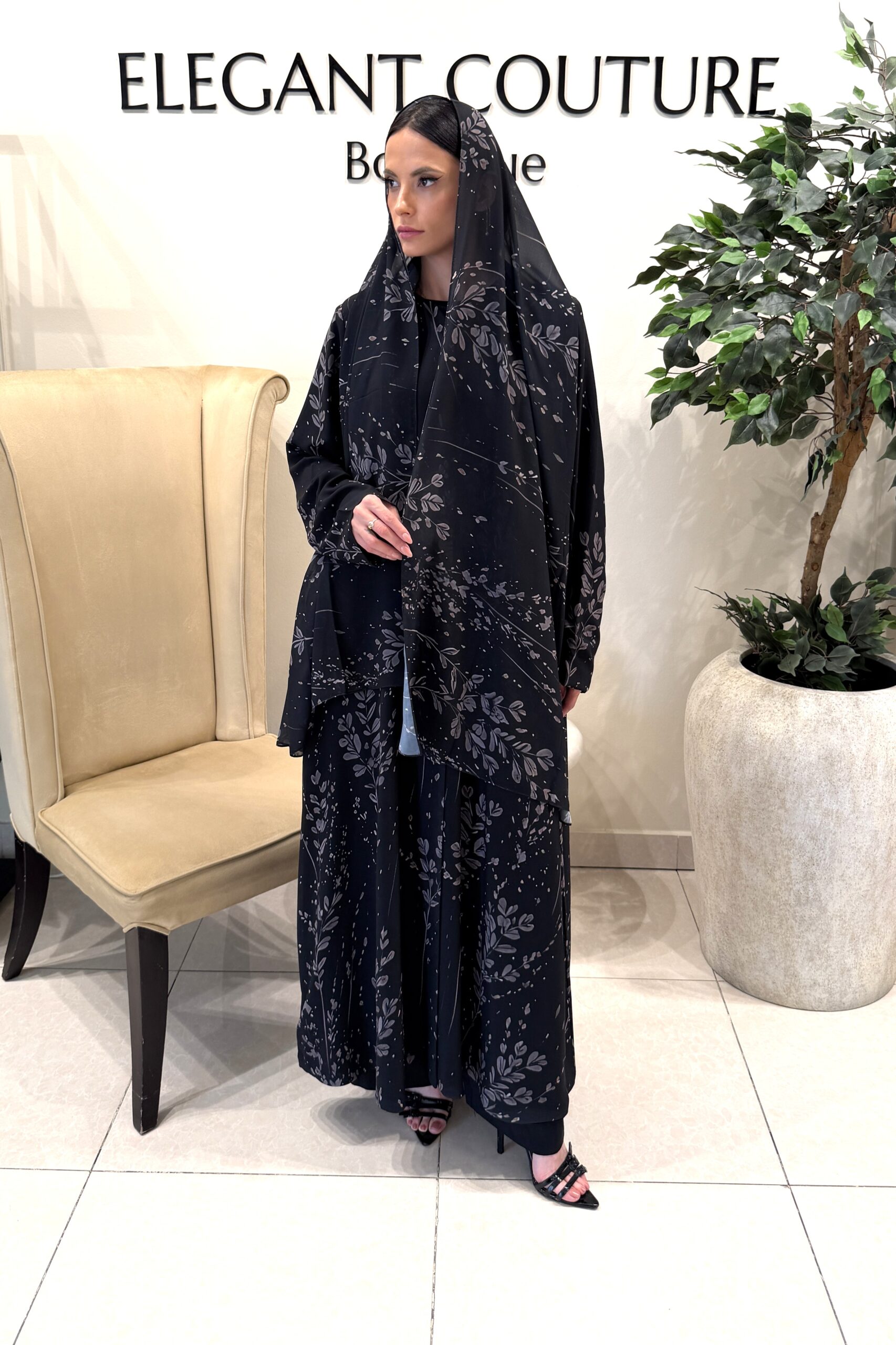 BLACK WITH BEIGE LEAVES CHIFFON