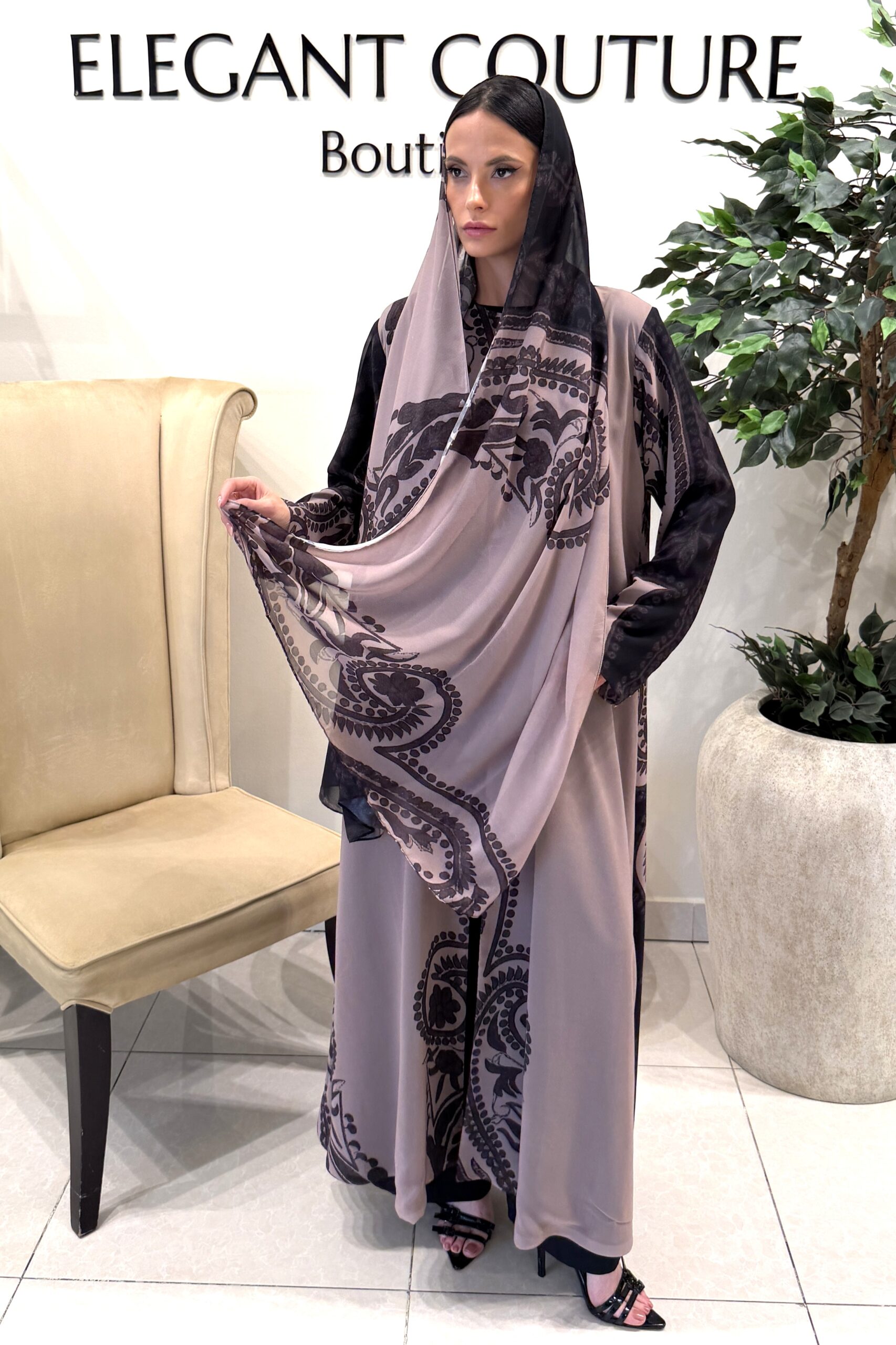 BLACK WITH BROWN PRINTED SHIFFON