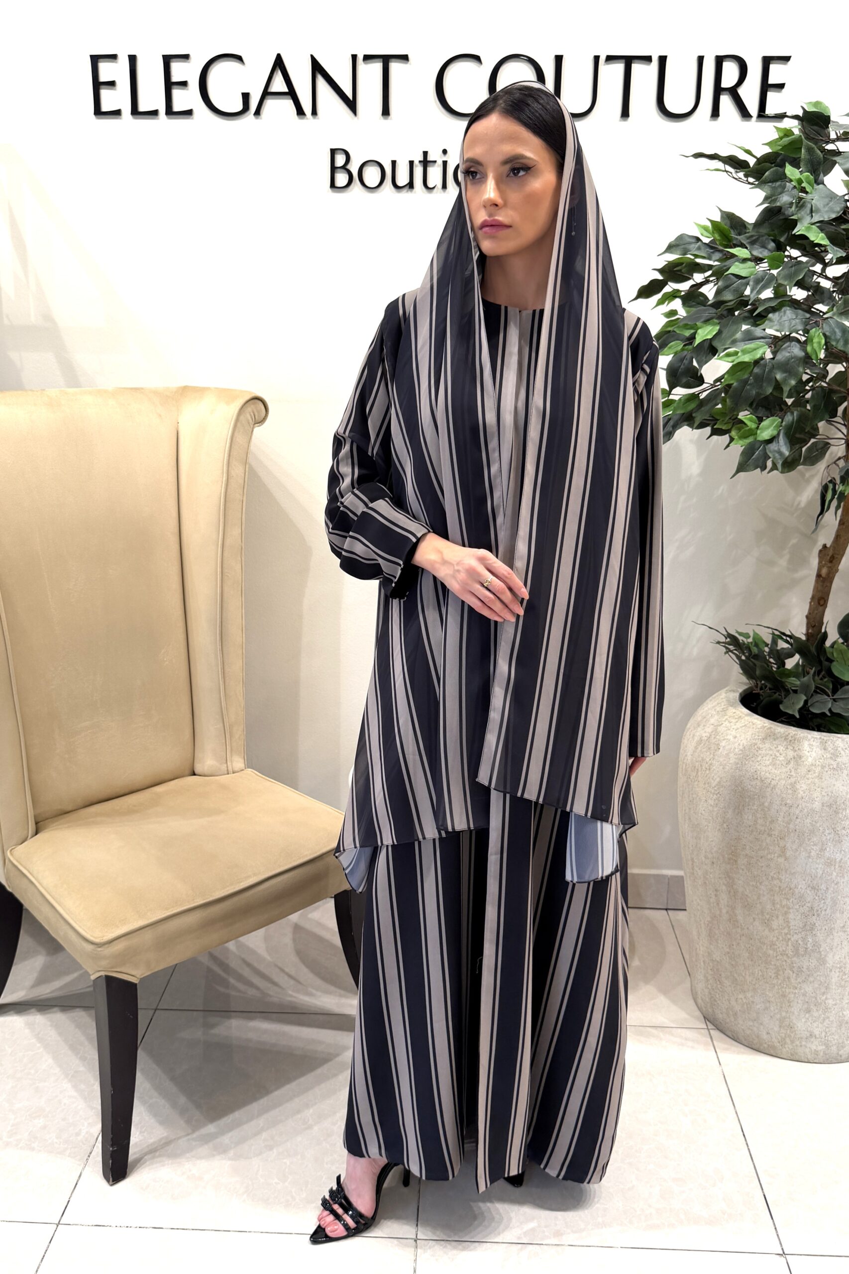 BEIGE BLACK STRIPE SHIFFON