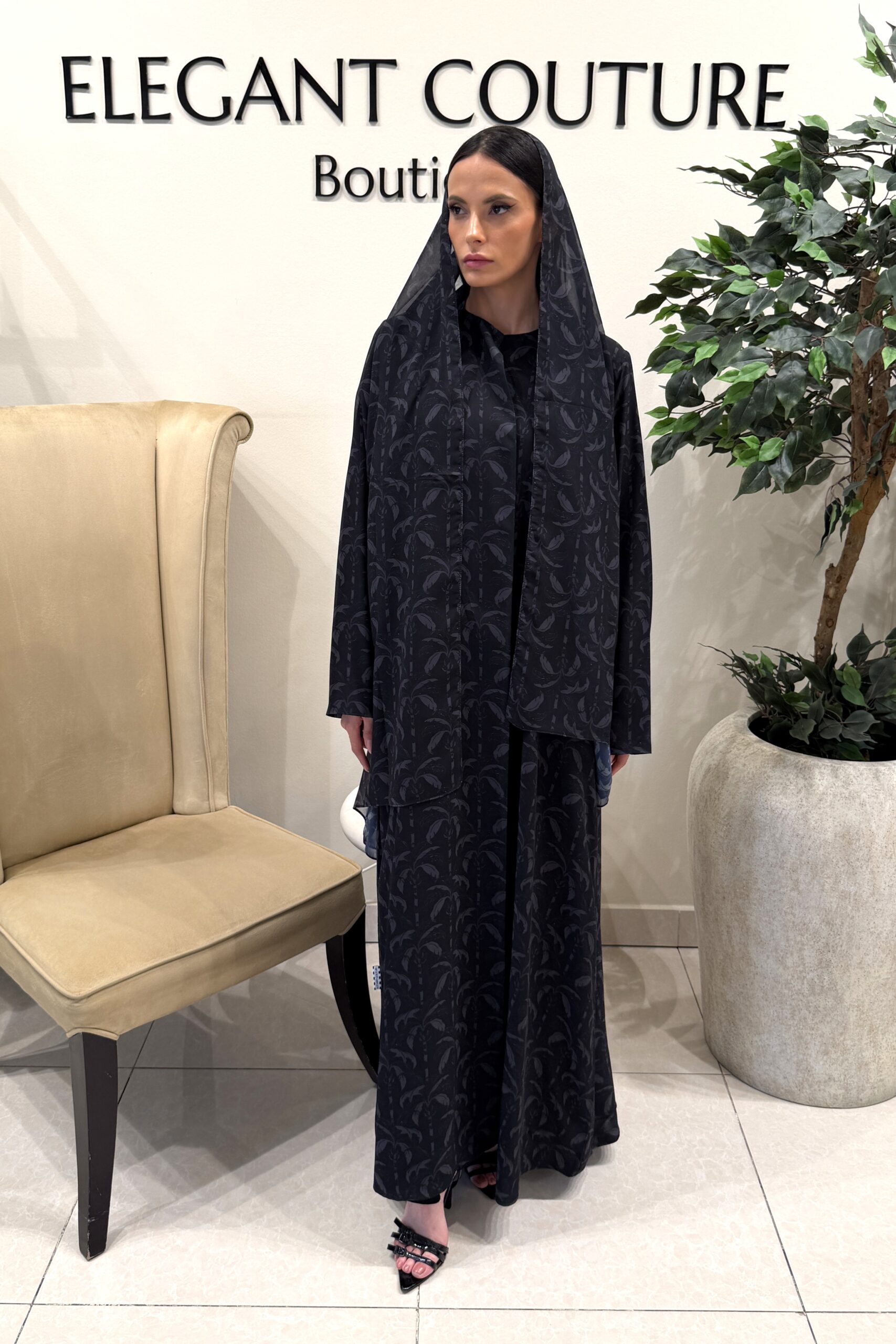 DARK GREY WITH PALM PRINT SHIFFON
