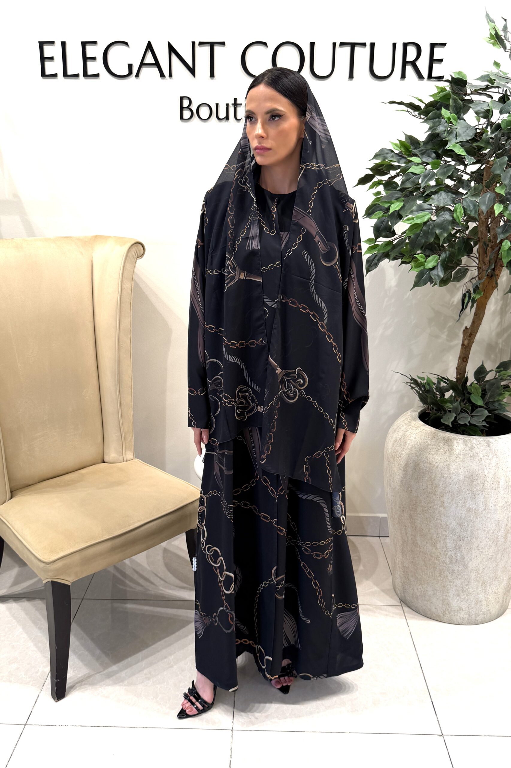 BLACK WITH YELLOW CHAIN PRINT SHIFFON