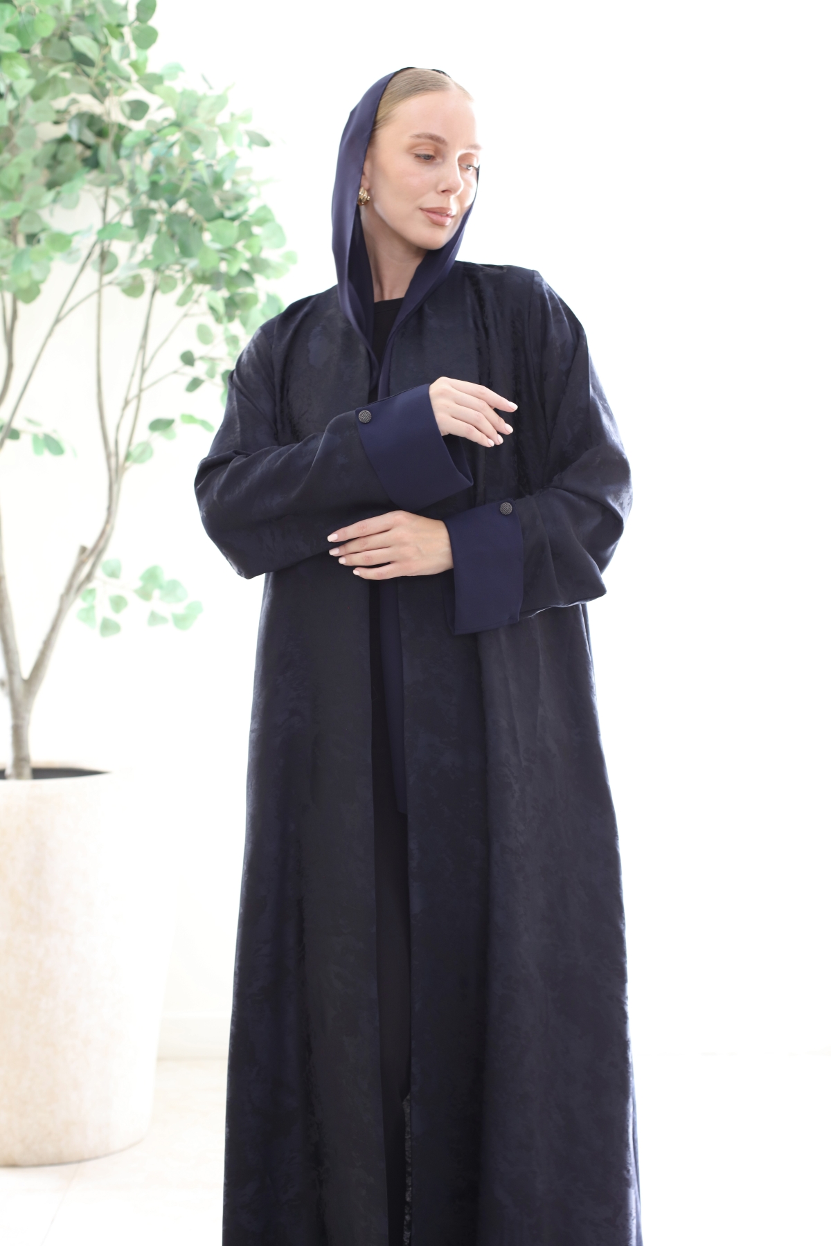 BLUE PRINTED HAND BUTTON ABAYA