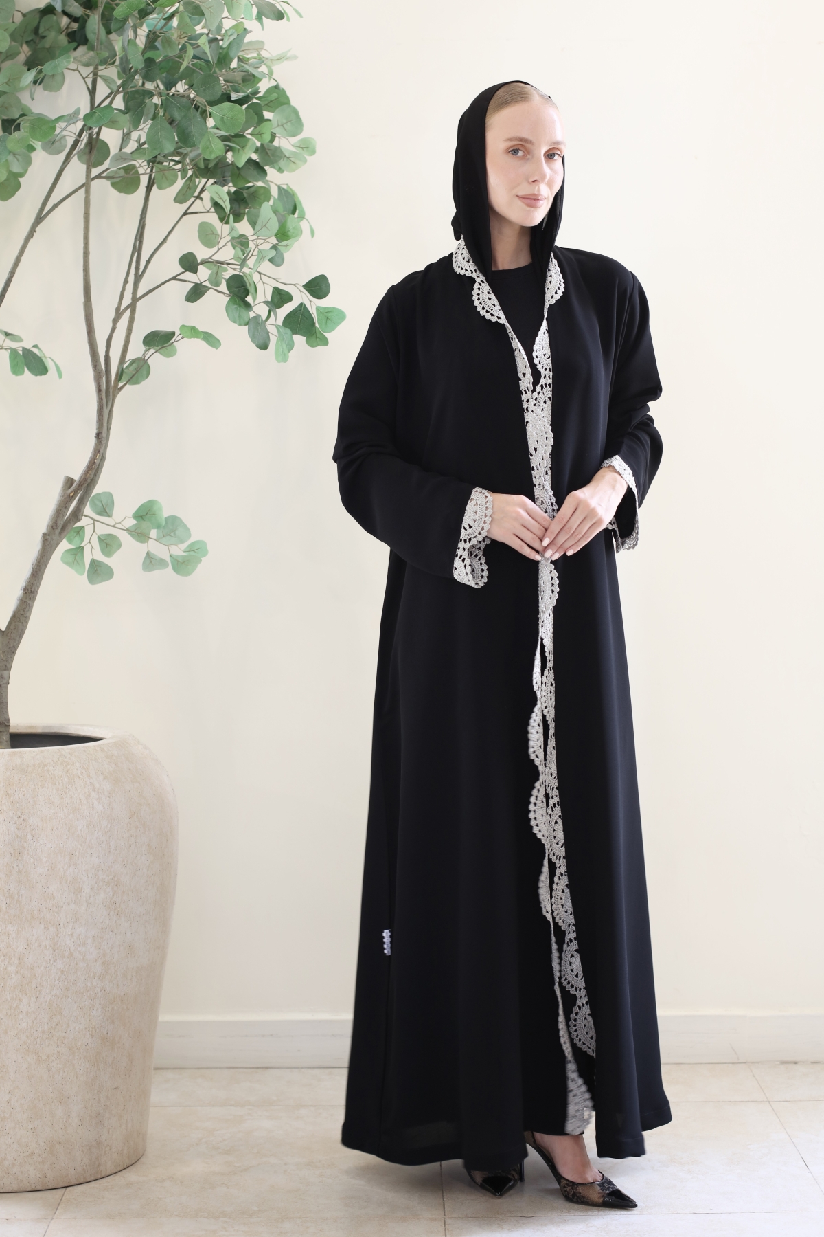 BLACK WITH GREY CROCHET ABAYA